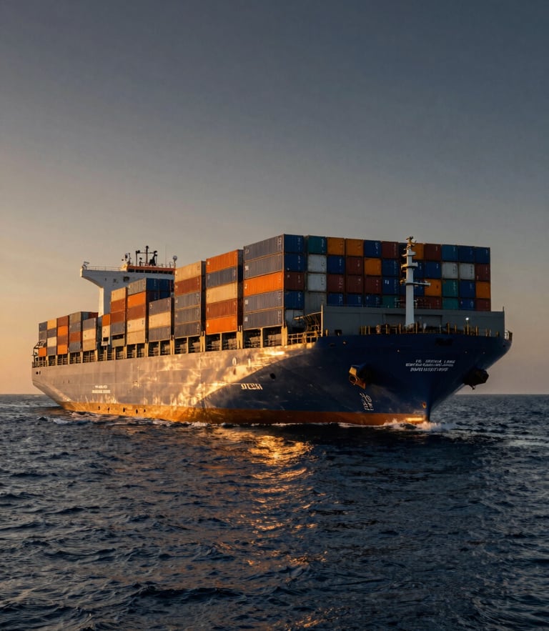 Wide-angle low-perspective shot of a massive container ship loaded with blue and orange cargo containers cutting through deep ocean water at golden hour, dramatic metallic reflections, cinematic scale.