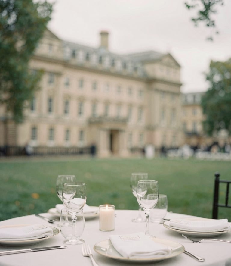 Elegant table setting with historic London architecture blurred in the background, soft overcast daylight, warm cream and forest green tones, 35mm photography