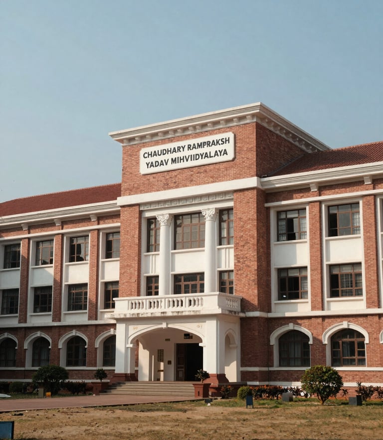 A wide-angle landscape of the prestigious Chaudhary Ramprakash Yadav Mahavidyalaya campus building in Tulsi Nagar, bright natural daylight, elegant brick architecture