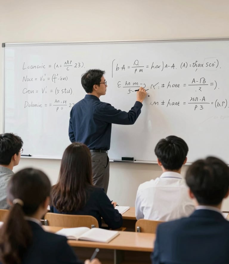 A medium-wide environmental shot of a university professor in a formal lecture hall, writing complex equations on a clean whiteboard, students taking notes in the foreground, bright natural daylight.
