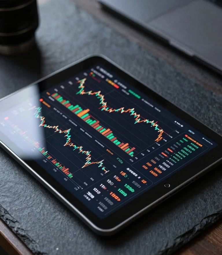 Close-up of a high-end digital tablet displaying real-time financial dashboards on a dark slate desk, cool daylight, sharp focus.