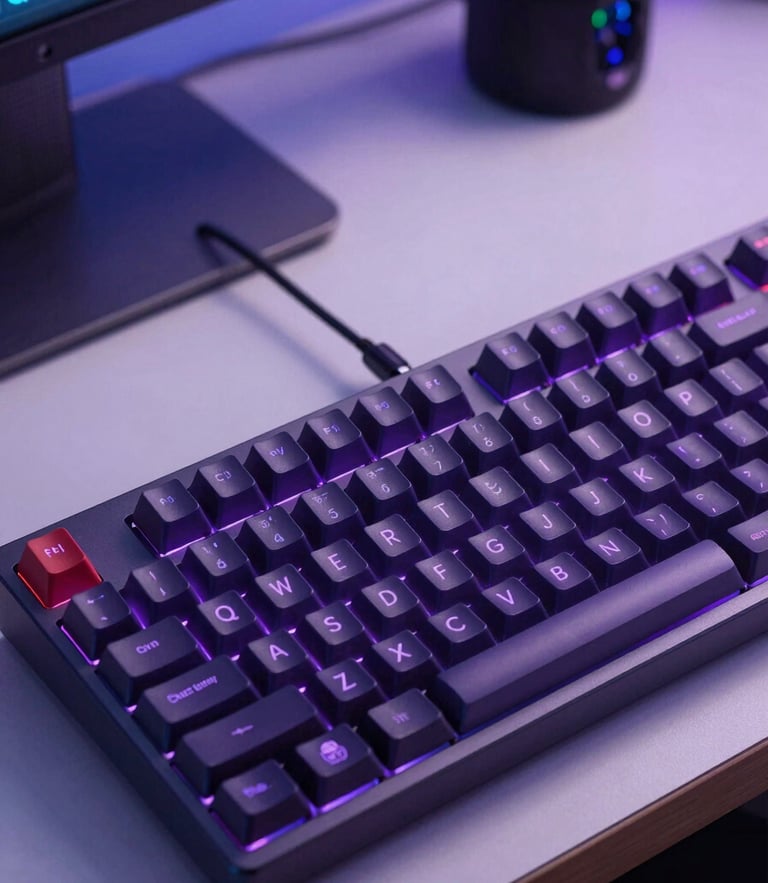 Sleek mechanical keyboard with custom keycaps on a professional creator desk, subtle purple ambient backlight, high-key studio lighting, sharp focus