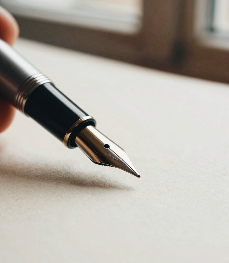 Macro close-up of a fountain pen nib resting on textured cream paper, soft indirect window light, shallow depth of field, 35mm film