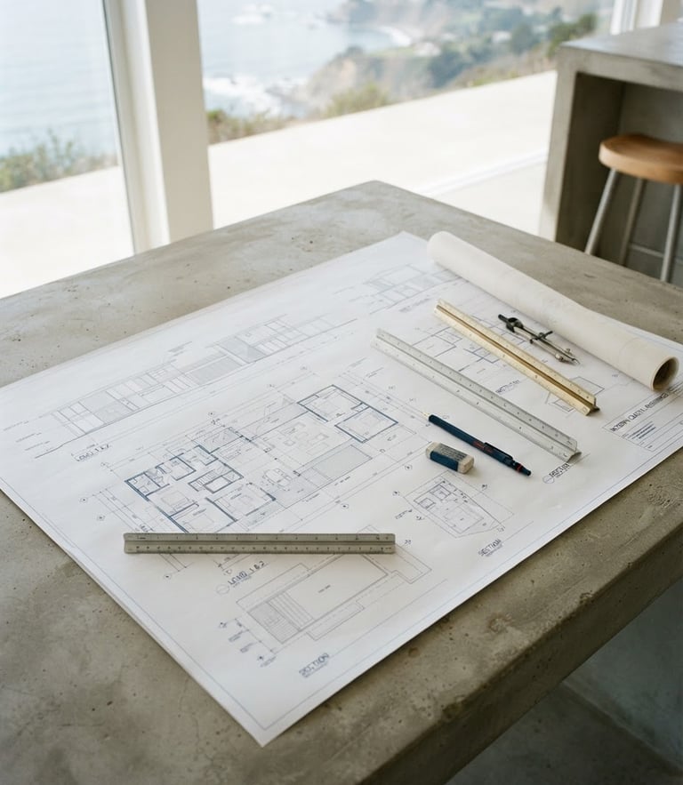 Architectural blueprint of a modern house on a clean concrete table, bright coastal daylight, sharp lines, professional engineering tools nearby, 35mm