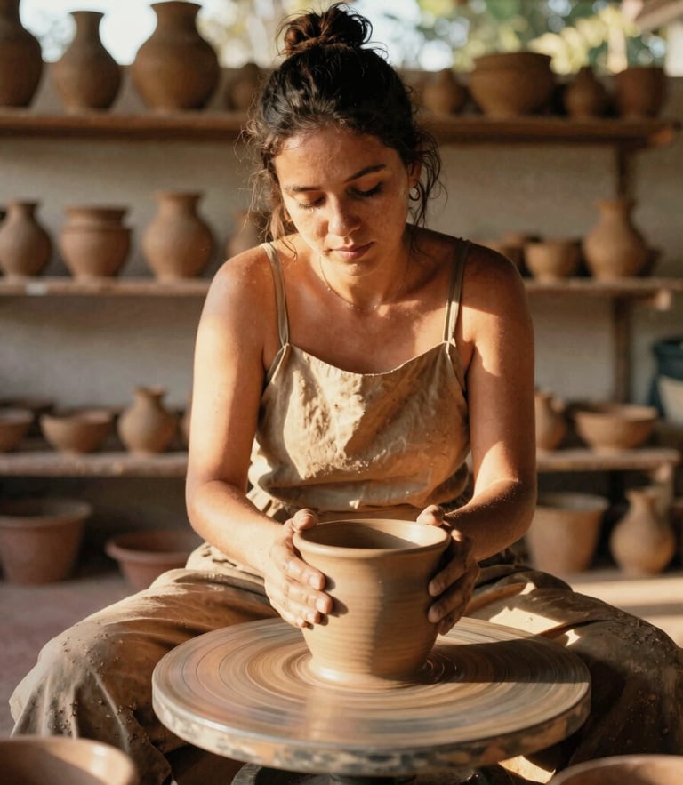 Warm editorial portrait of a local ceramic artist in Três Lagoas, working with terracotta clay in a sunlit studio, golden hour natural light, 35mm film style.