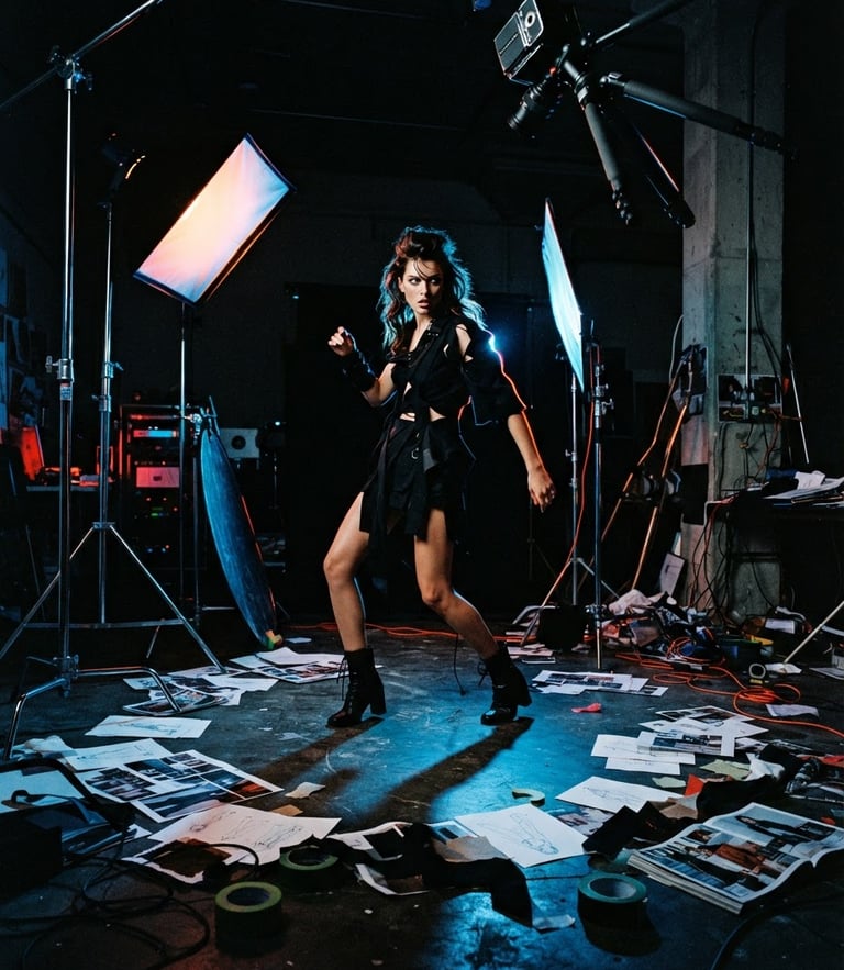 Dynamic low angle shot of a raw studio photography setup, sharp shadows, dramatic neon orange and electric blue edge-lights, 35mm film grain, physical design assets on the floor.