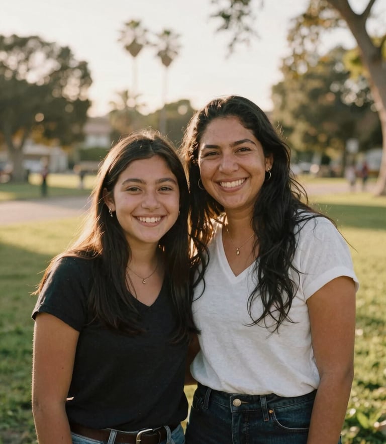 A warm, candid portrait of a Latina mother and her teenage daughter smiling together in a sun-drenched Orange County park, golden-hour light, 35mm