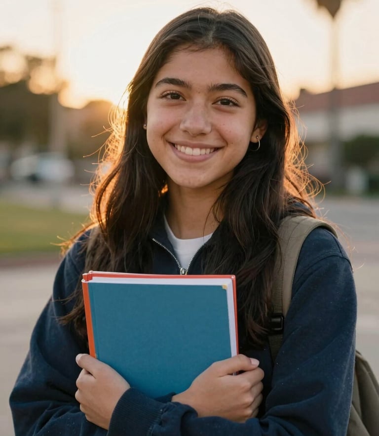 A warm editorial portrait of a young Latina student holding books, smiling confidently outdoors in Orange County under soft golden-hour sunlight
