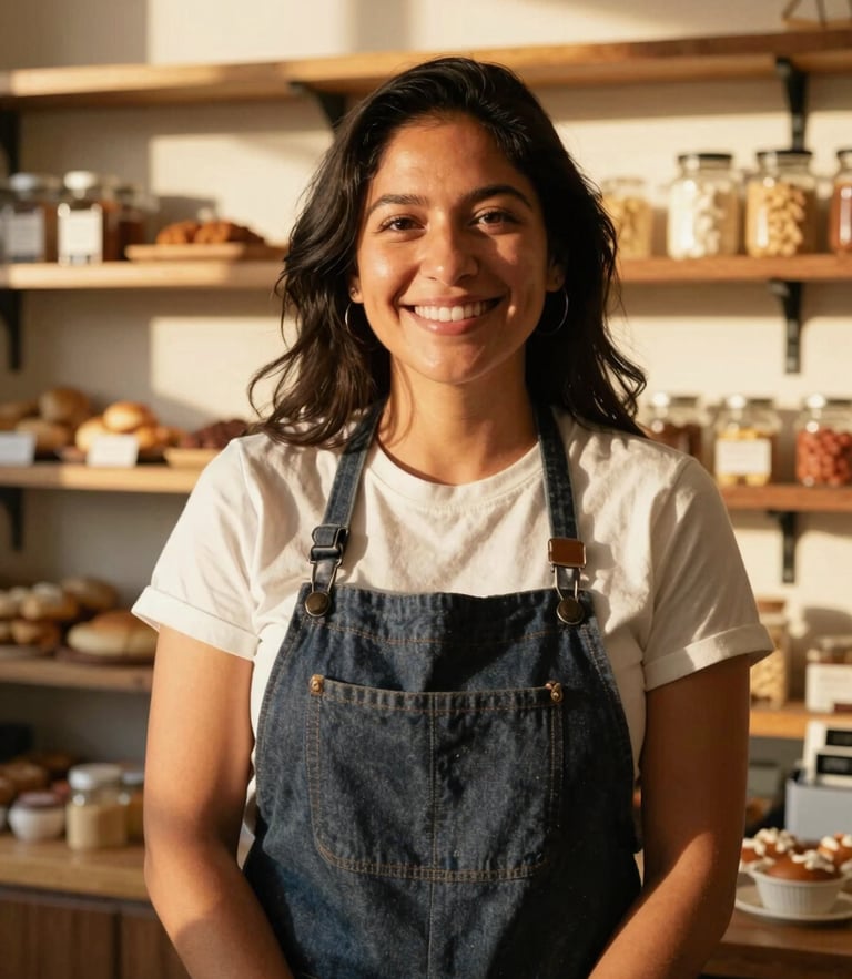 Warm editorial portrait of a smiling Latina business owner in her local bakery in Orange County, authentic and dignified expression, beautiful natural golden-hour light, 35mm