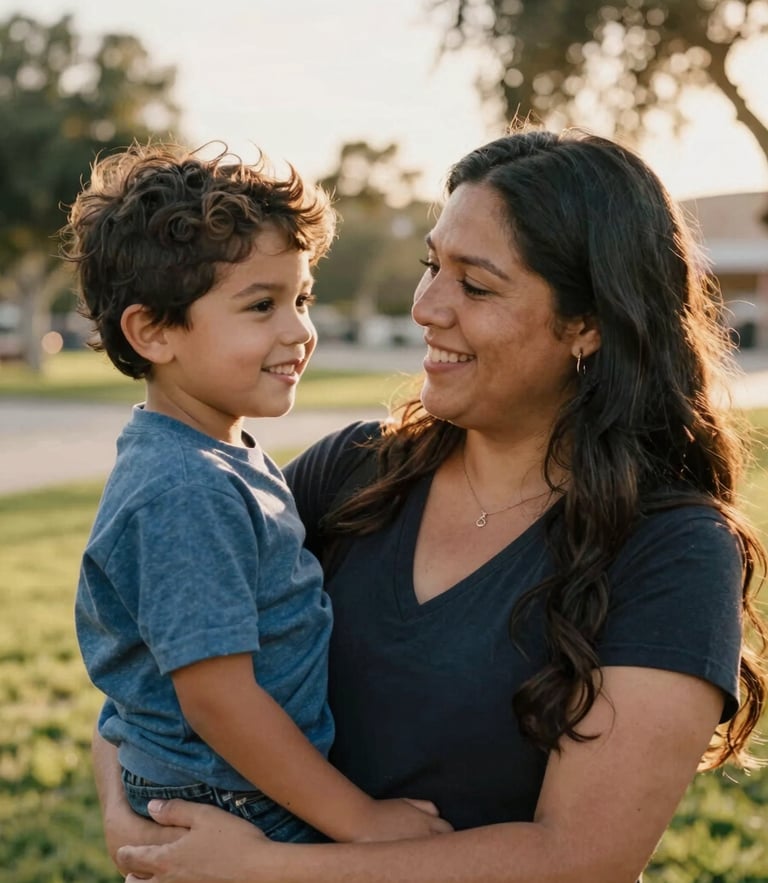 Warm editorial photography of a Latino mother and her young son smiling together in a sunny park in Santa Ana, California, soft golden-hour light, authentic moment, 35mm