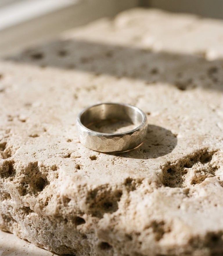 Close-up macro shot of an unpolished sterling silver ring resting on raw travertine stone, warm natural window light casting soft architectural shadows, 35mm film style