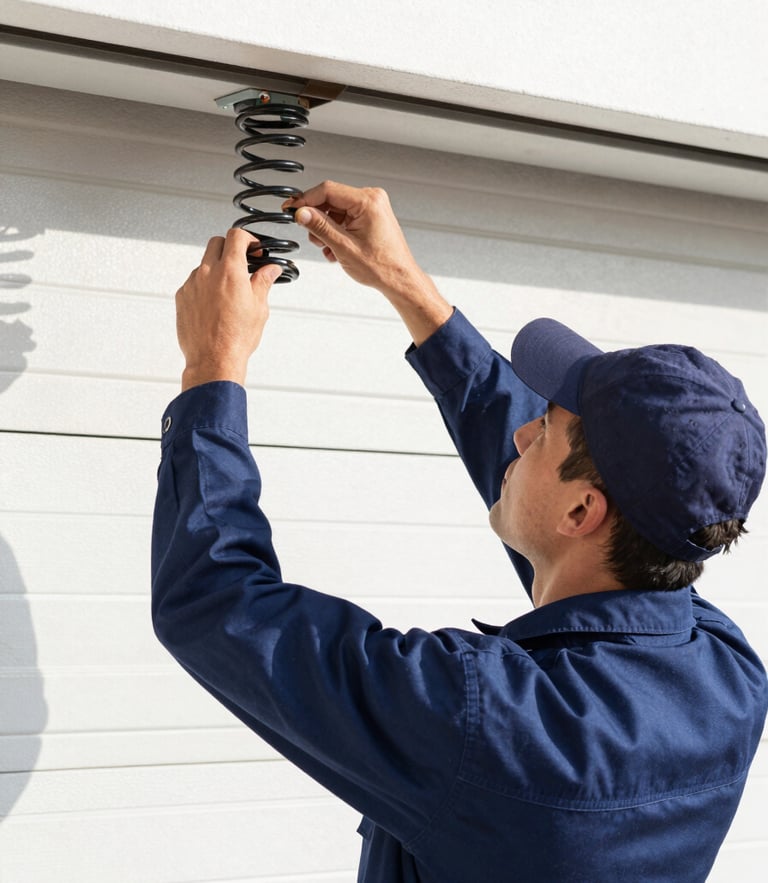 A clean commercial photograph of a professional technician in a dark blue uniform adjusting a garage door spring, bright natural daylight, high-contrast true colors, sharp focus, 35mm lens