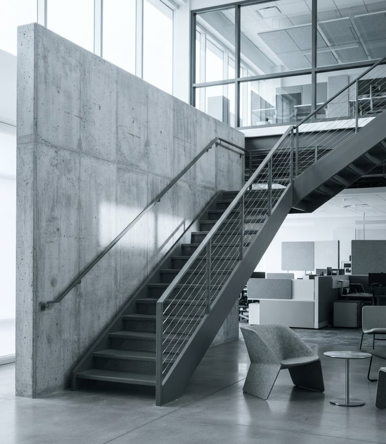 Modern architectural detail of a Silicon Valley workspace interior, clean concrete and steel lines, bright indirect daylight, cool desaturated tones, sharp contrast, editorial style
