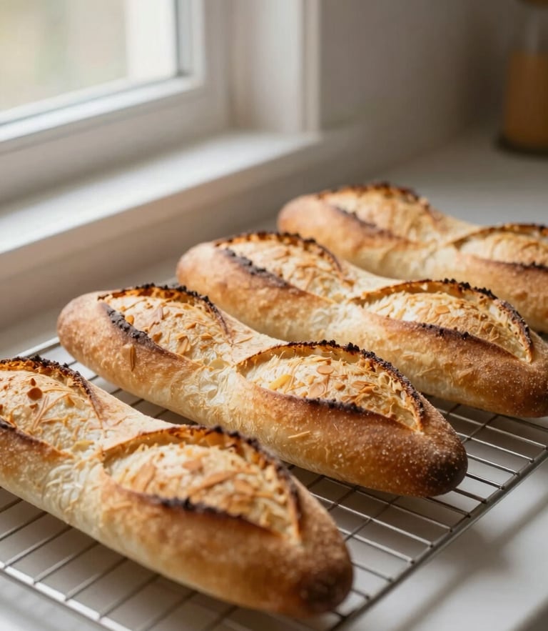 Warm editorial photography of golden-brown baguettes cooling on a simple wire rack, soft kitchen window light, shallow depth of field, 35mm