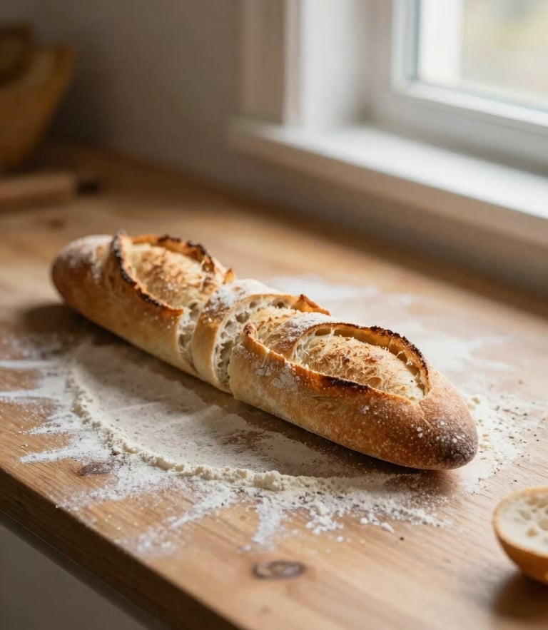 Warm editorial photography of a golden-brown baguette sliced on a flour-dusted wooden table, soft window light, shallow depth of field, 35mm