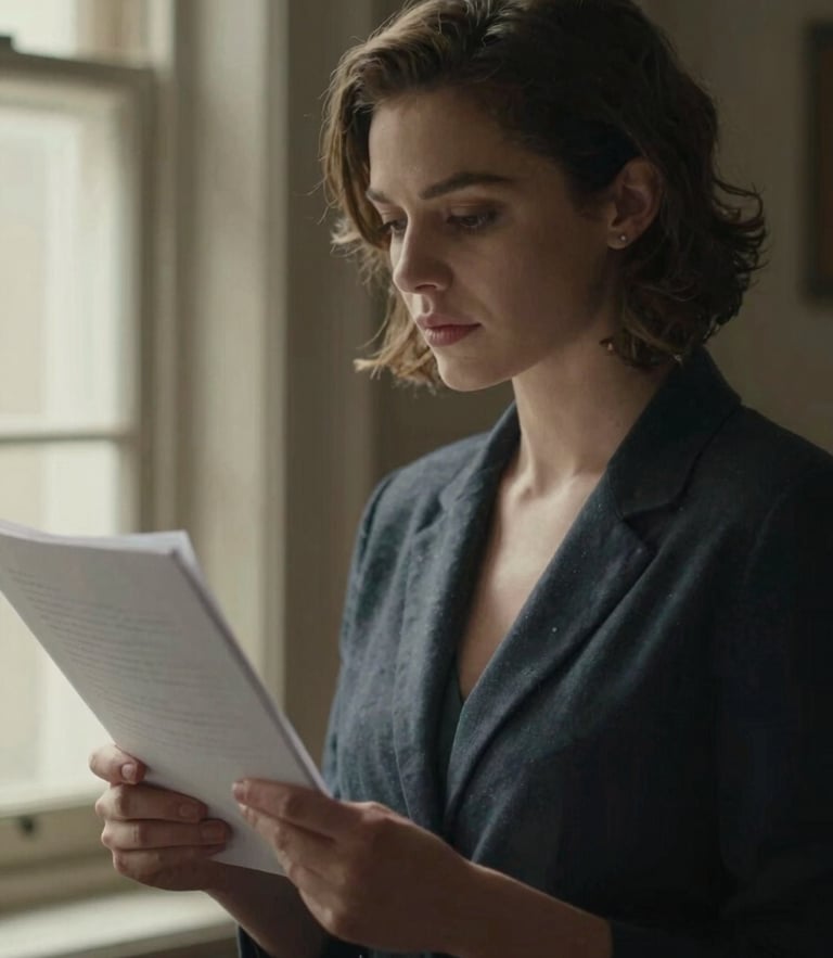 Cinematic portrait of a female writer-actress holding an annotated script, dramatic side light from a window, warm muted tones, shallow depth of field, 35mm film grain.