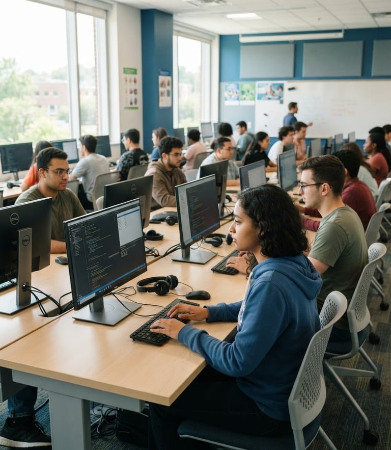 Bright classroom setting with young adults learning computer skills on modern desktops, natural daylight, professional blue and green tones