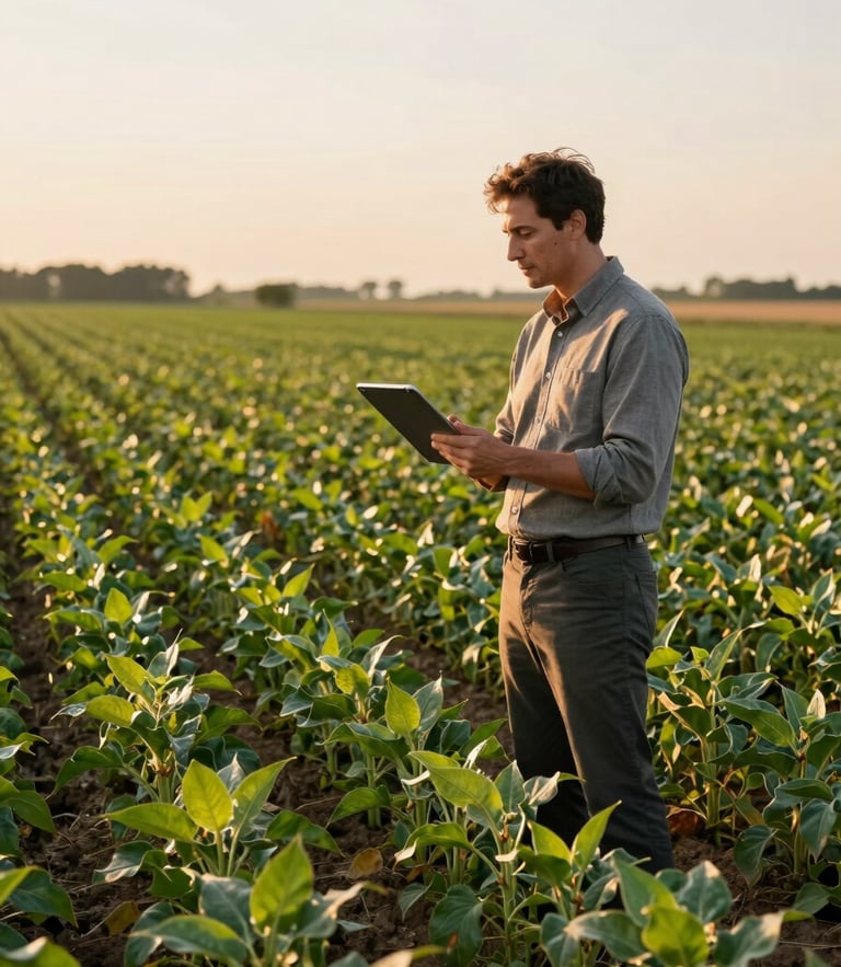 An agricultural consultant standing in a lush green soybean field during golden hour, holding a tablet, looking at the crops, professional editorial photography style.