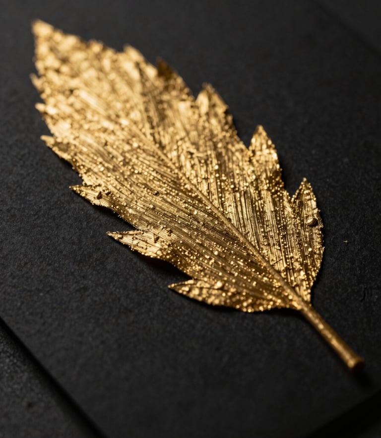 Dramatic low-key macro shot of brushed gold leaf texture on textured black paper, sharp golden-hour light, elegant depth of field