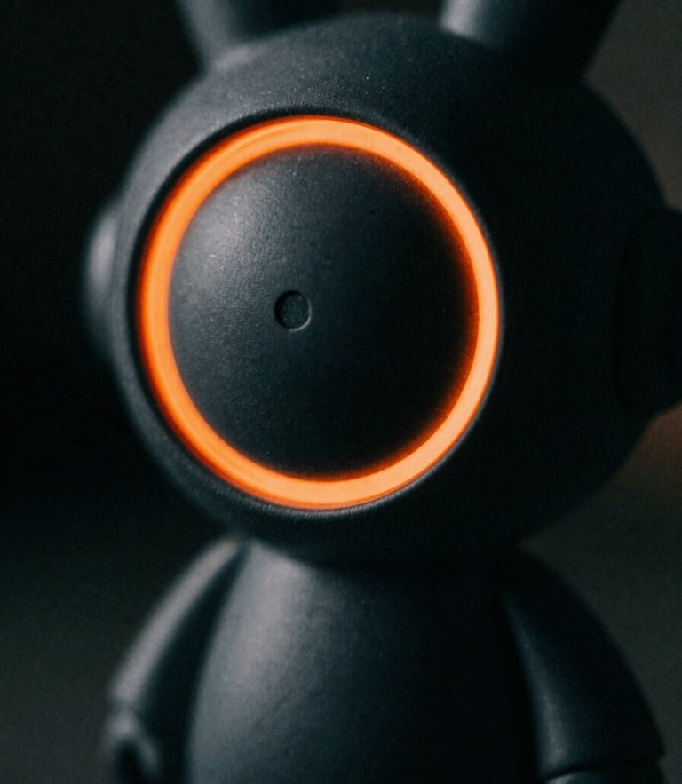 Macro shot of a custom vinyl art toy with sharp orange rim lights, dark dramatic photography, high-contrast chiaroscuro, deep charcoal tones, 35mm film grain
