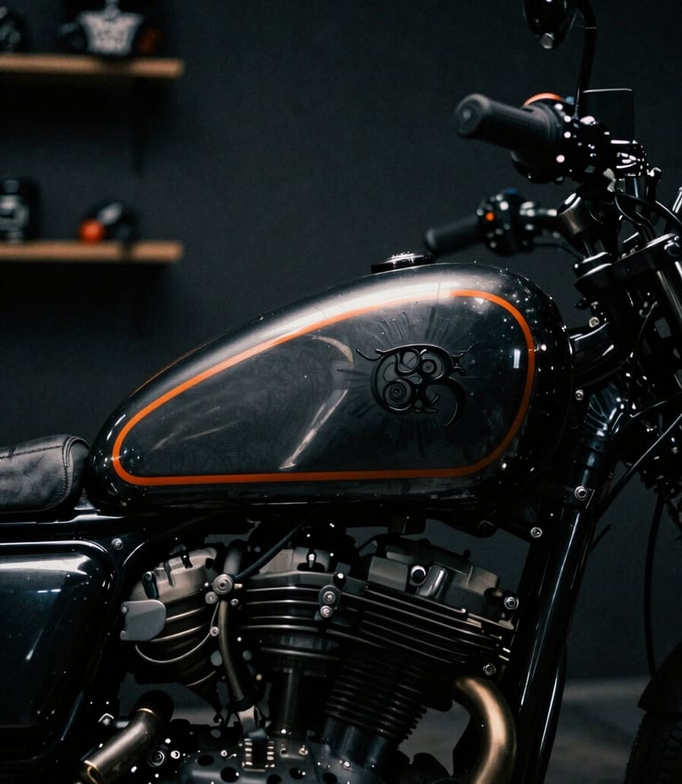 dark dramatic photography of a custom-painted motorcycle tank in a tattoo studio, sharp orange rim light, macro lens, 35mm film grain