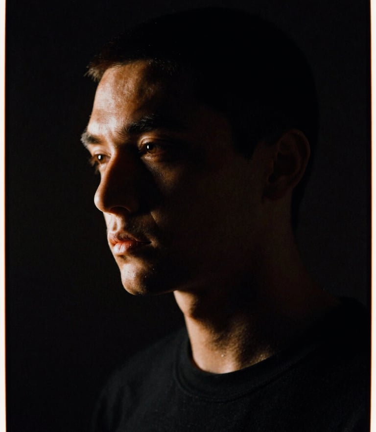 High-contrast portrait of the artist in a dark studio, single-source side lighting, warm orange rim lights, 35mm film grain