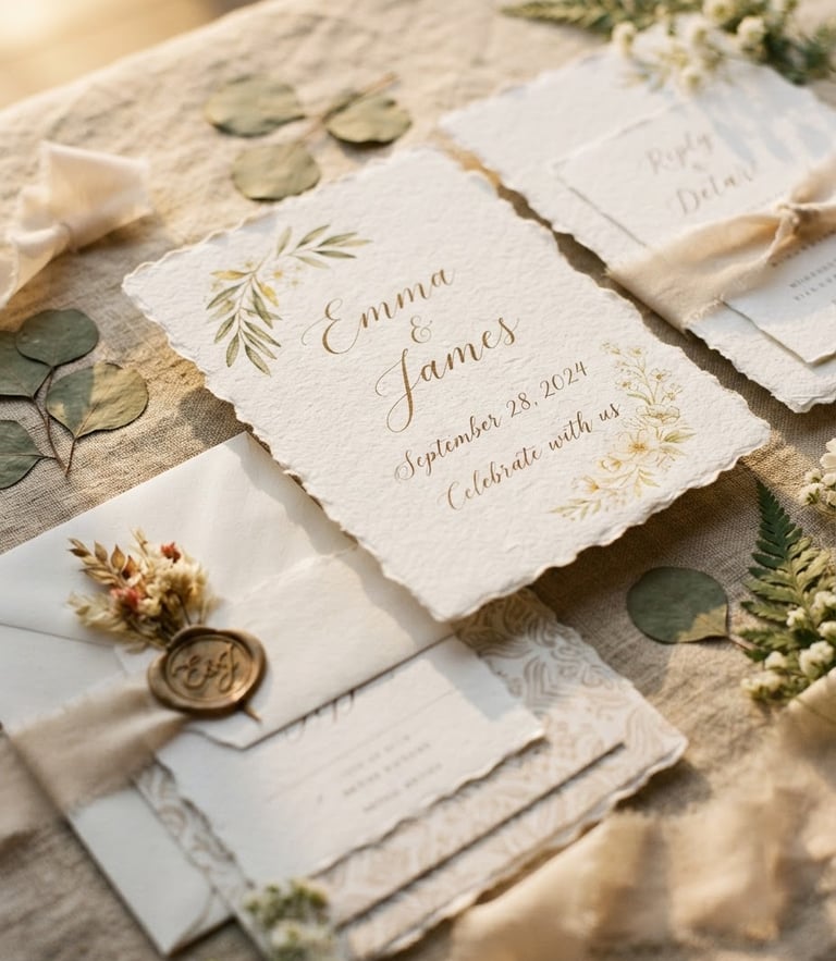 Close-up of elegant handmade paper wedding invitations with delicate calligraphy, resting on textured linen under soft natural golden-hour light