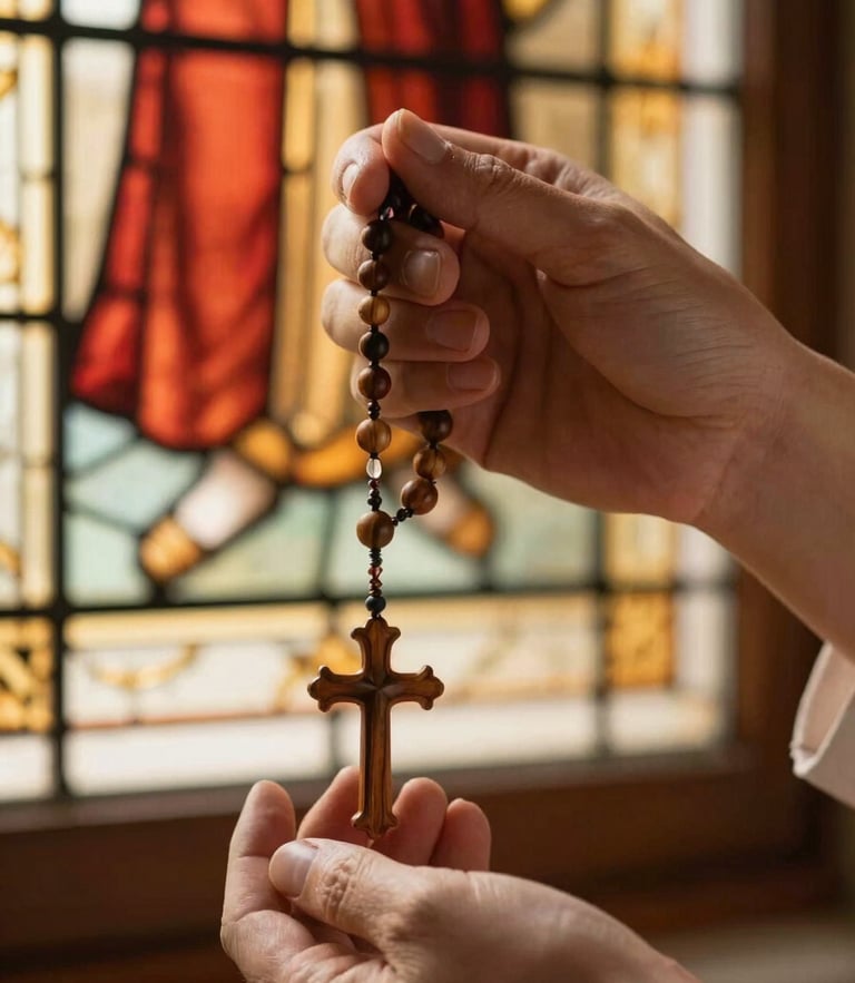 Close-up of hands holding a wooden rosary under soft golden-hour window light, warm editorial photography, shallow depth of field