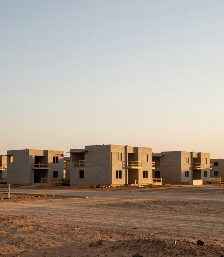 Wide environmental shot of completed sustainable housing units integrated into a semi-arid landscape under soft golden hour light, architectural details visible