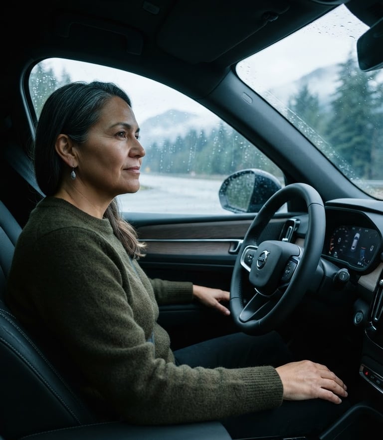 A confident local driver sitting in a modern vehicle, looking out the window, soft natural overcast daylight, cool slate tones, crisp editorial photography.