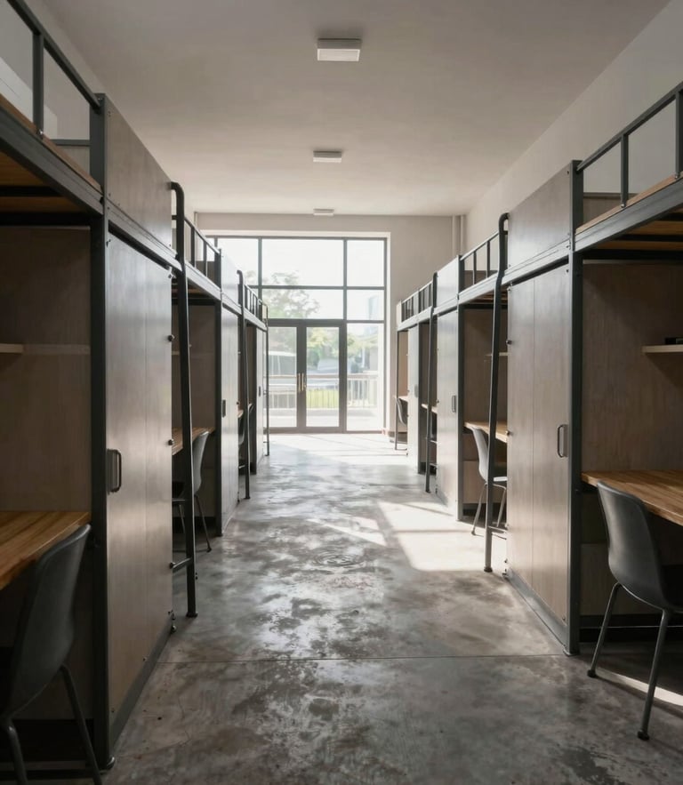 Wide-angle architectural interior of a modern hostel communal area, poured concrete floors, matte steel fixtures, bright daylight.
