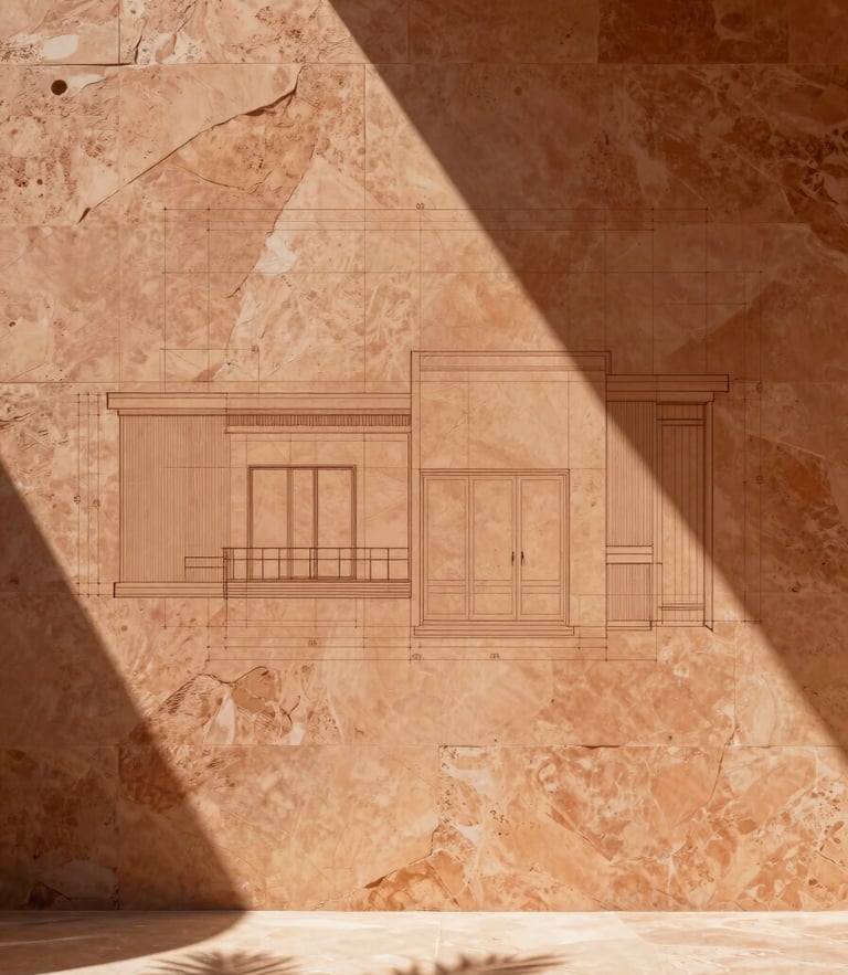 Architectural blueprint overlay on textured sandstone wall, sharp diagonal shadows from tropical sunlight, minimalist drafting lines, warm terracotta tone.