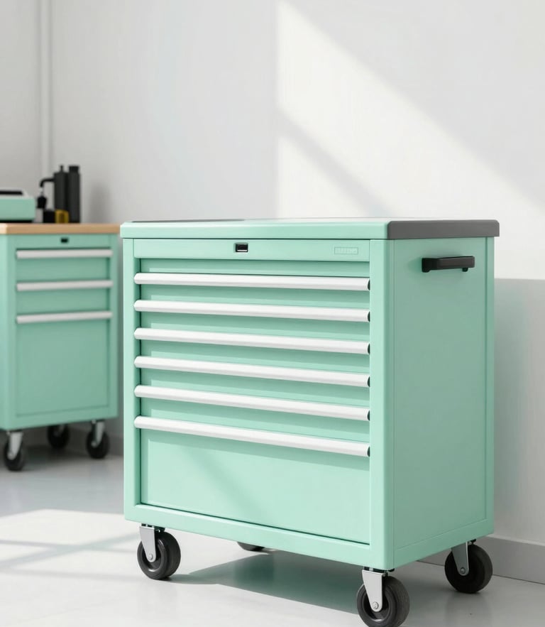 Crisp, bright medium shot of a pristine, modern auto repair bay, soft mint green tool chest in the background, clean white floor, natural daylight streaming in, 35mm lens, high-key lighting.