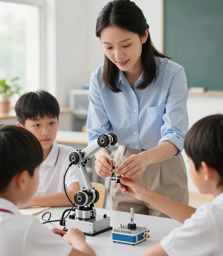 A professional teacher in a bright classroom guiding two students assembling a robotic arm, clean technical details, natural daylight, 35mm lens