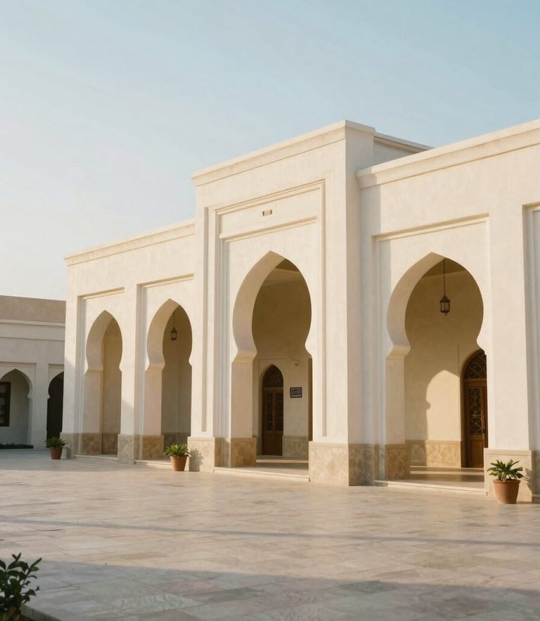 Wide environmental shot of Al Mahrusiyah Lirboyo campus, elegant traditional architecture with archways, soft morning light, 35mm photography