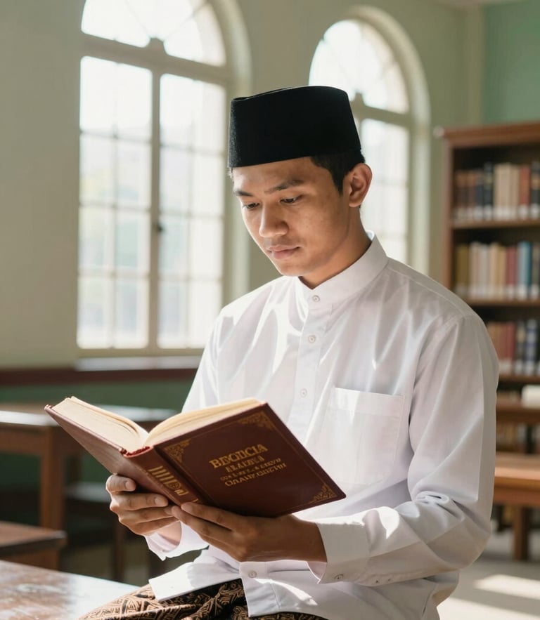 Editorial portrait of a young santri in a clean white shirt and traditional sarong, reading a classic leather-bound book in a sunlit library, warm morning light streaming through high arched windows, soft depth of field, 35mm