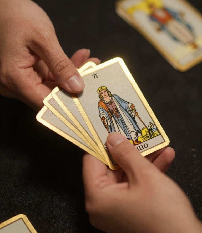 Macro close-up of elegant hands holding gold-rimmed tarot cards over a dark textured table, soft warm champagne gold light halo, 35mm lens, dark moody editorial photography