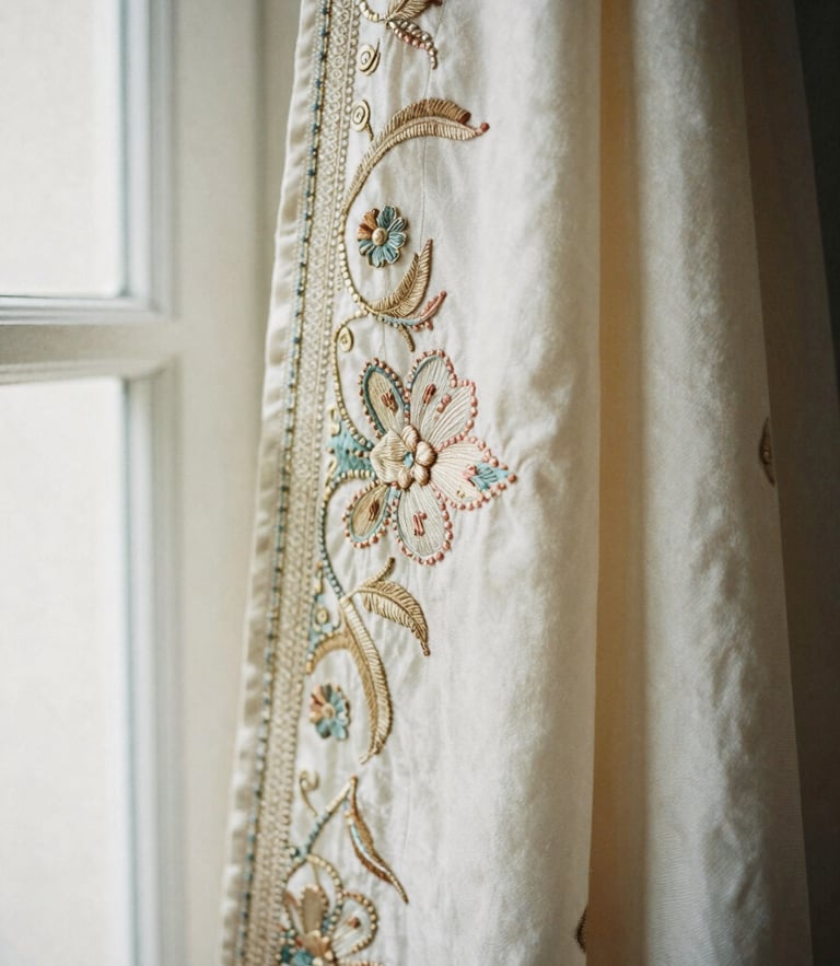 A close-up of intricate hand-embroidery zardozi details on heavy champagne silk fabric, soft natural window light, 35mm film