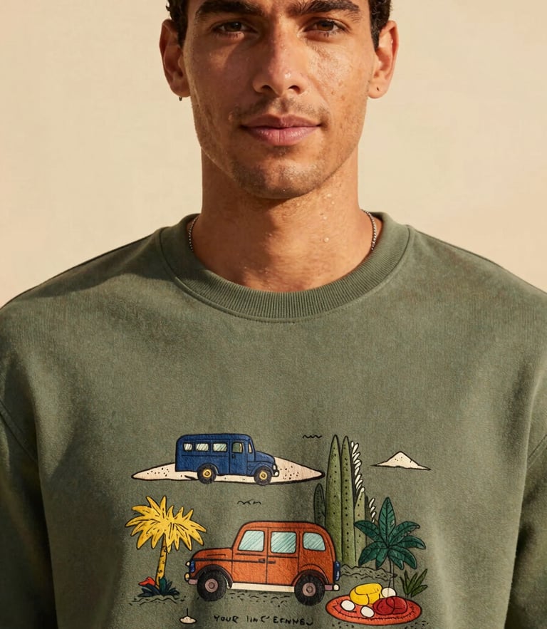 Medium close-up of a model wearing a green illustrated sweatshirt, warm golden-hour daylight, looking friendly, sharp focus, 35mm