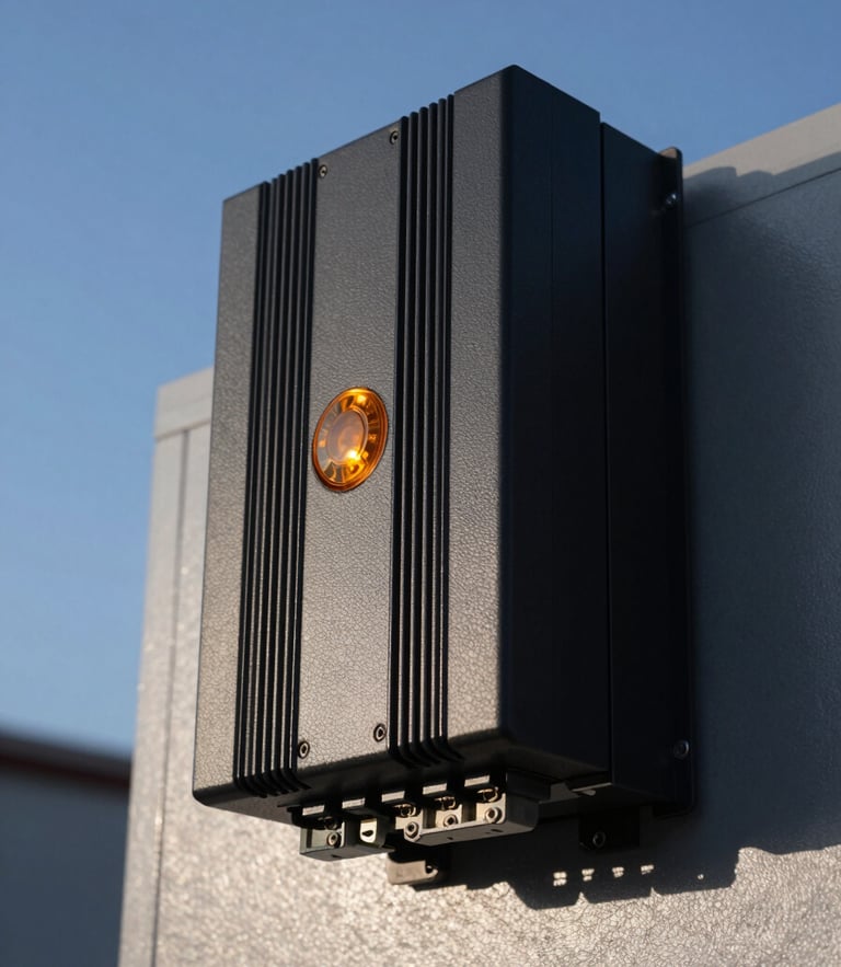 Macro technical product photography of a modern industrial solar inverter, sleek matte black casing, amber status indicator light, sharp focus on terminal connections, 35mm