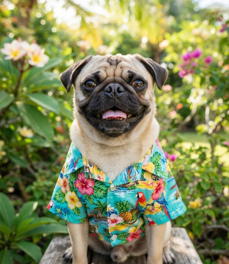 Bright natural daylight photo of a happy pug wearing a colorful tropical handmade shirt, looking directly at the camera, joyful pet photography