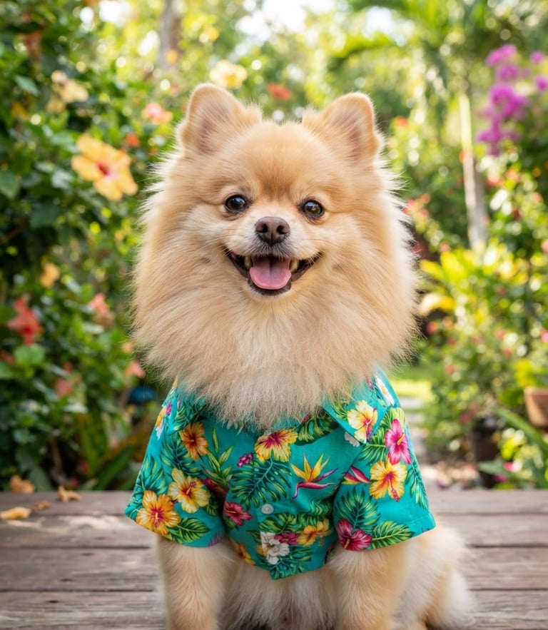 A joyful fluffy Pomeranian wearing a vibrant teal tropical shirt, looking directly at the camera, bright natural daylight, happy expression