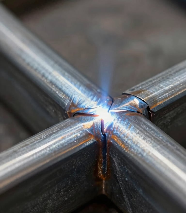 Macro close-up of a flawless TIG weld on raw hot-rolled steel, showing precise mitered joint and subtle blue-grey heat tinting, dramatic side-lighting