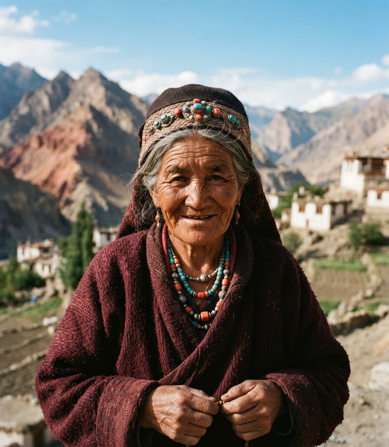 Close-up portrait of a Ladakhi elder in traditional wool attire, weathered face, warm natural high-altitude sunlight, dramatic mountain backdrop, 35mm film style.