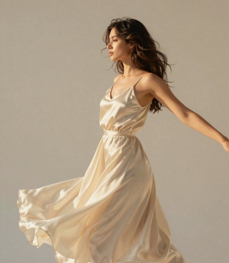 A woman turning gracefully in a flowing cream silk dress, warm golden-hour daylight, soft neutral background, 35mm film style.
