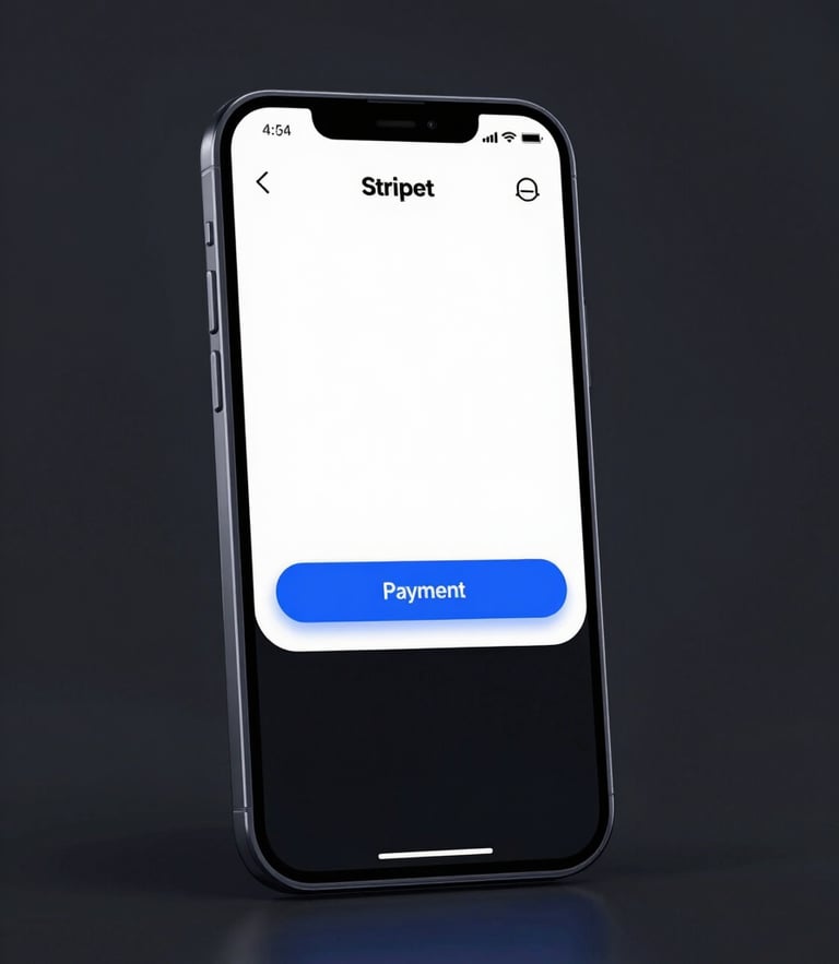 Sleek mobile screen showing a clean Stripe payment confirmation interface, electric blue accent glow, dark slate background, high contrast studio lighting.