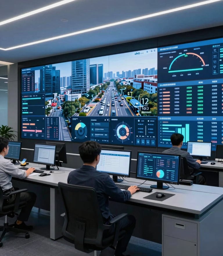 Modern smart city control room, wide video wall displaying real-time traffic analytics, cool blue ambient light, clean workspace.