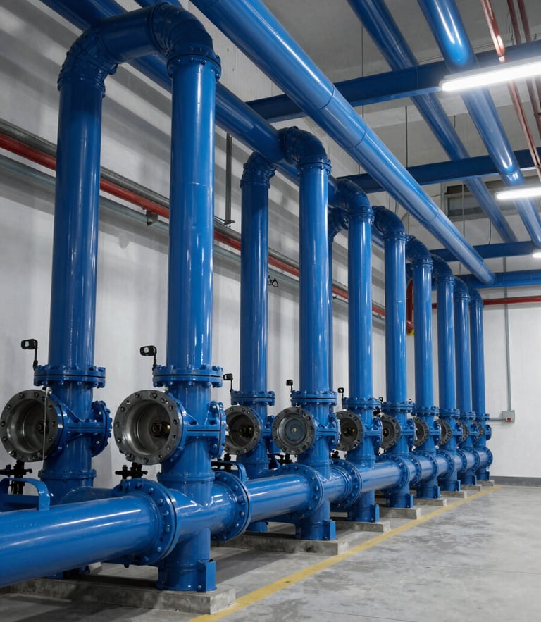 Wide-angle crisp architectural shot of a pristine, high-scale mechanical room with perfectly aligned blue piping and clean industrial conduits under cool lighting.