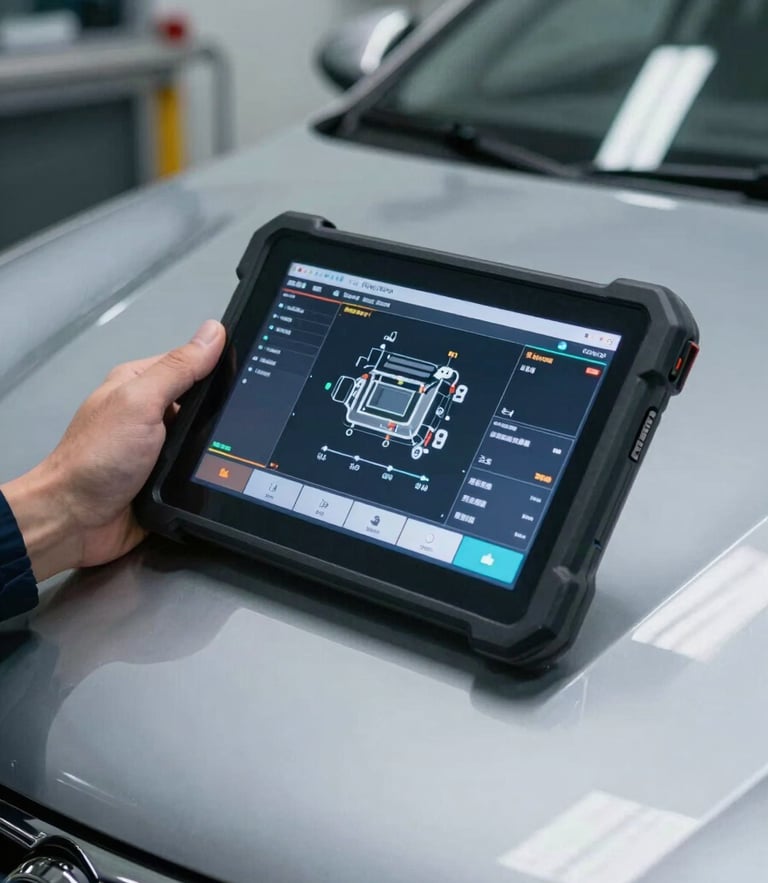 Close-up of a technician's hand holding a digital diagnostic tablet showing engine telemetry, bright LED workshop lighting reflecting on a clean metallic car hood, sharp focus.