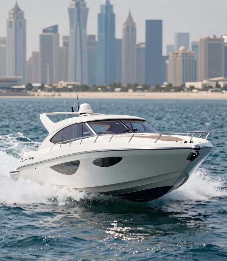 Sleek white luxury speedboat cutting through deep blue Gulf water at high speed, midday sun reflecting off the spray, Dubai skyline softly blurred in the background.